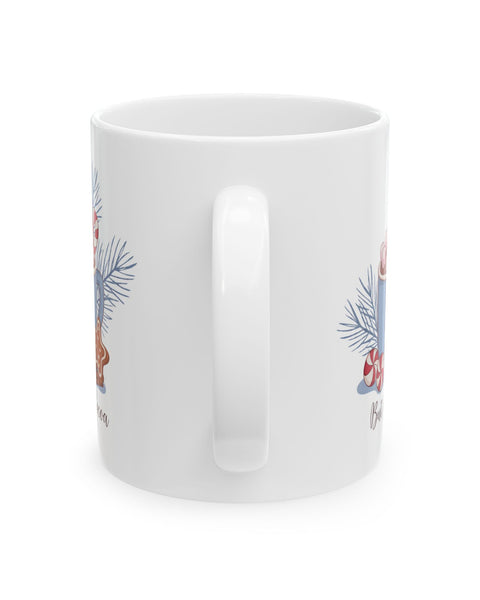 Holiday Hot Cocoa Ceramic Mug — Festive Pine, Candy Cane & Gingerbread Design (11oz, 15oz)
