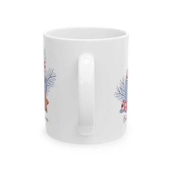 Holiday Hot Cocoa Ceramic Mug — Festive Pine, Candy Cane & Gingerbread Design (11oz, 15oz)