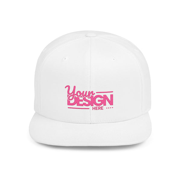 Snapback Hat – White Flat Bill Cap with Pink ‘Your Design Here’ Embroidery, Custom Logo Hat for Men & Women