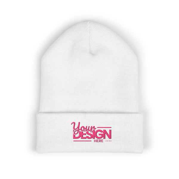 Embroidered Classic Cuffed Beanie – Customizable Pink Logo Winter Hat, Personalized Knit Beanie for Men & Women