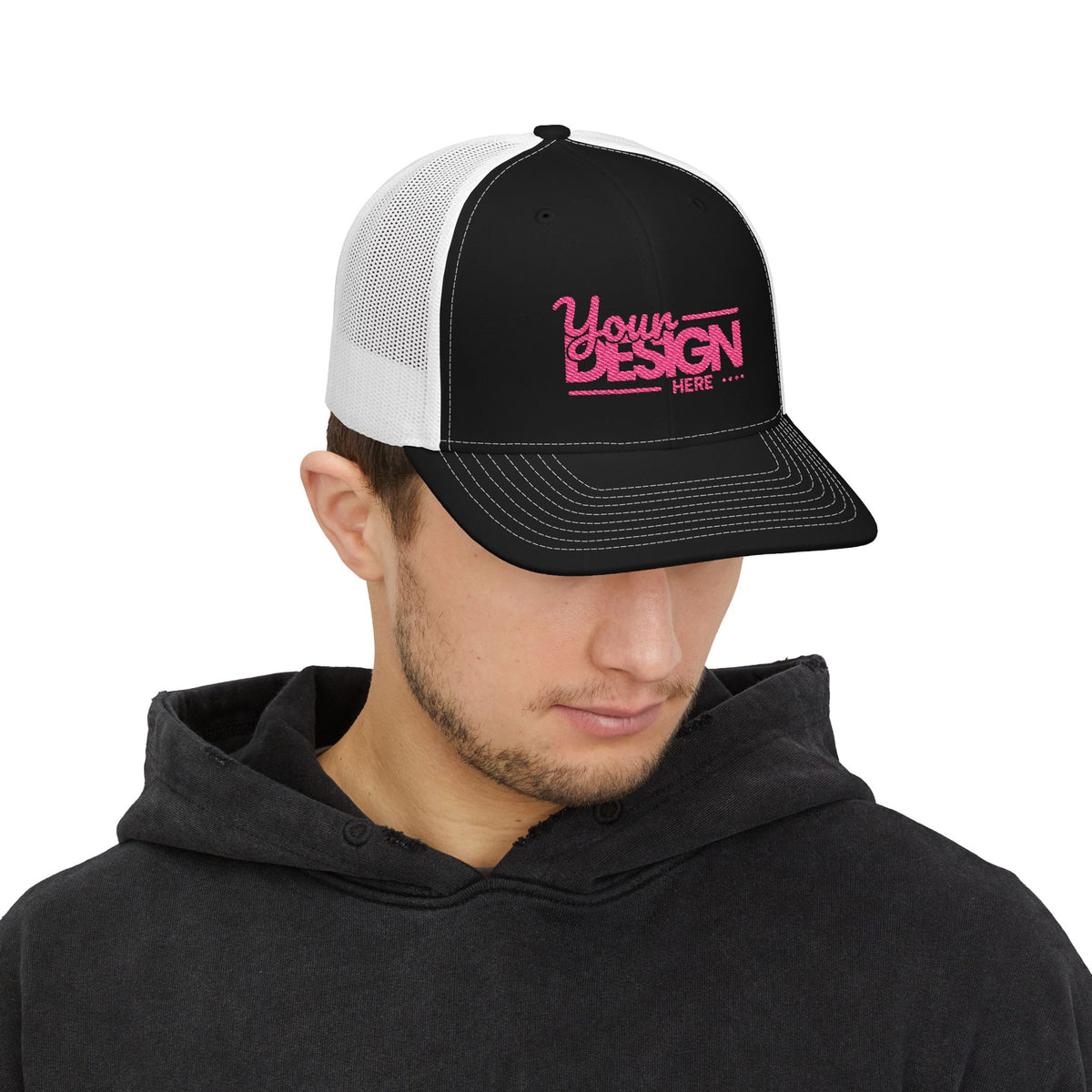 Embroidered Trucker Cap – Custom ‘Your Design Here’ Snapback, Personalized Mesh Baseball Hat for Men & Women