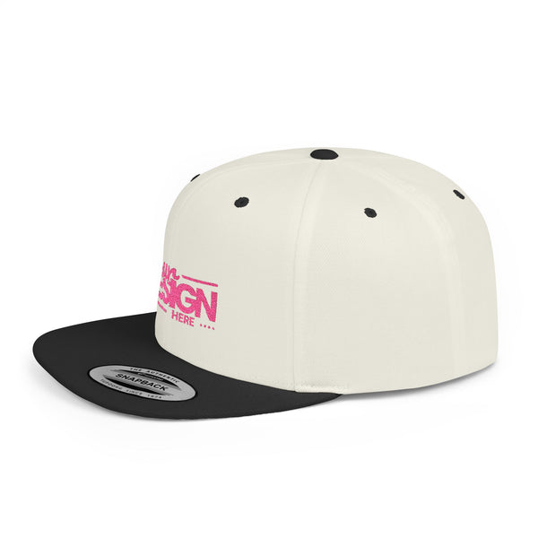 Snapback Hat – White Flat Bill Cap with Pink ‘Your Design Here’ Embroidery, Custom Logo Hat for Men & Women