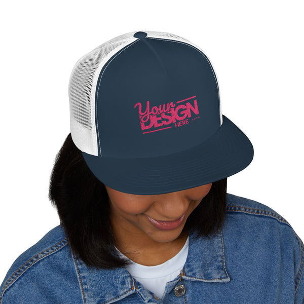 Custom Five-Panel Trucker Hat – Personalized High-Profile Mesh Snapback, Custom Logo Flat Bill Cap for Men & Women