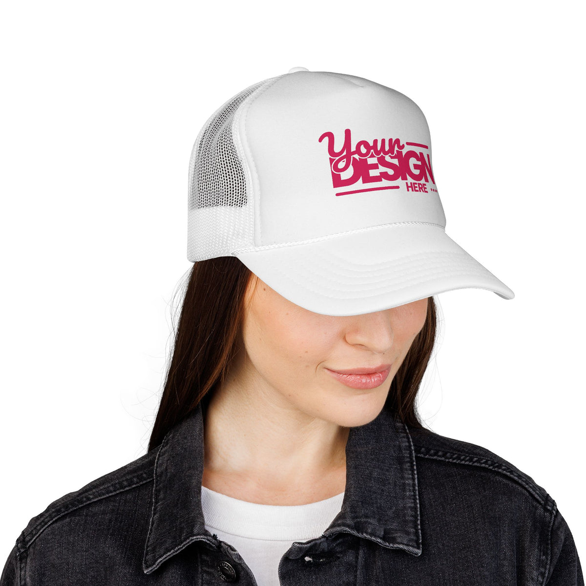 Custom Trucker Hat – Embroidered ‘Your Design Here’ Retro Script Cap, Personalized Mesh Snapback in Multiple Colors for Men & Women