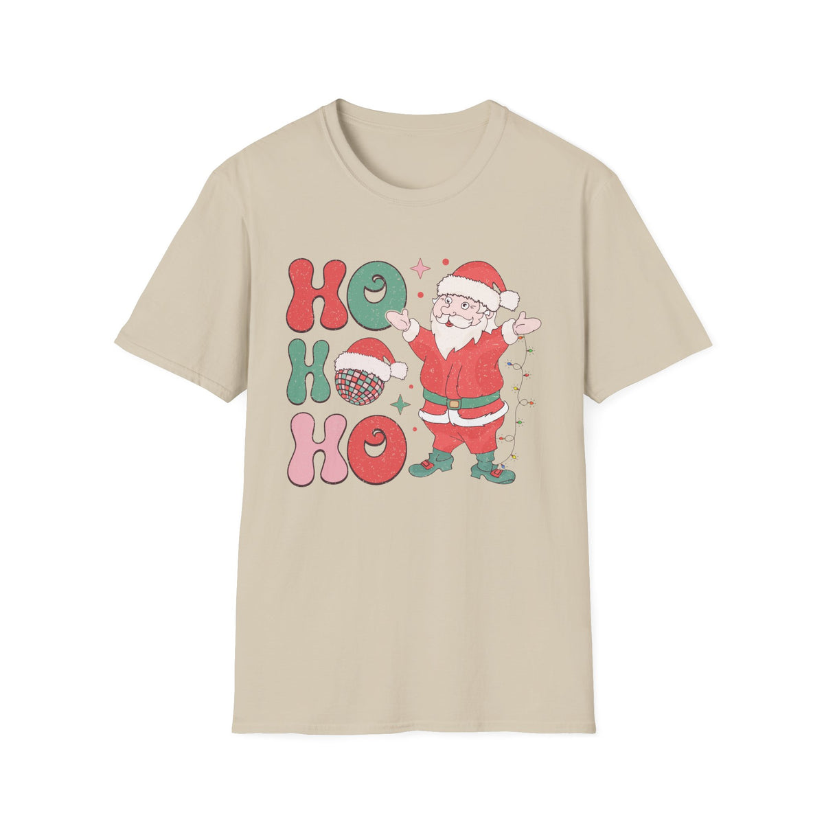 Ho Ho Ho Christmas Graphic Tee - Santa, Disco Ball, and Christmas Spirit