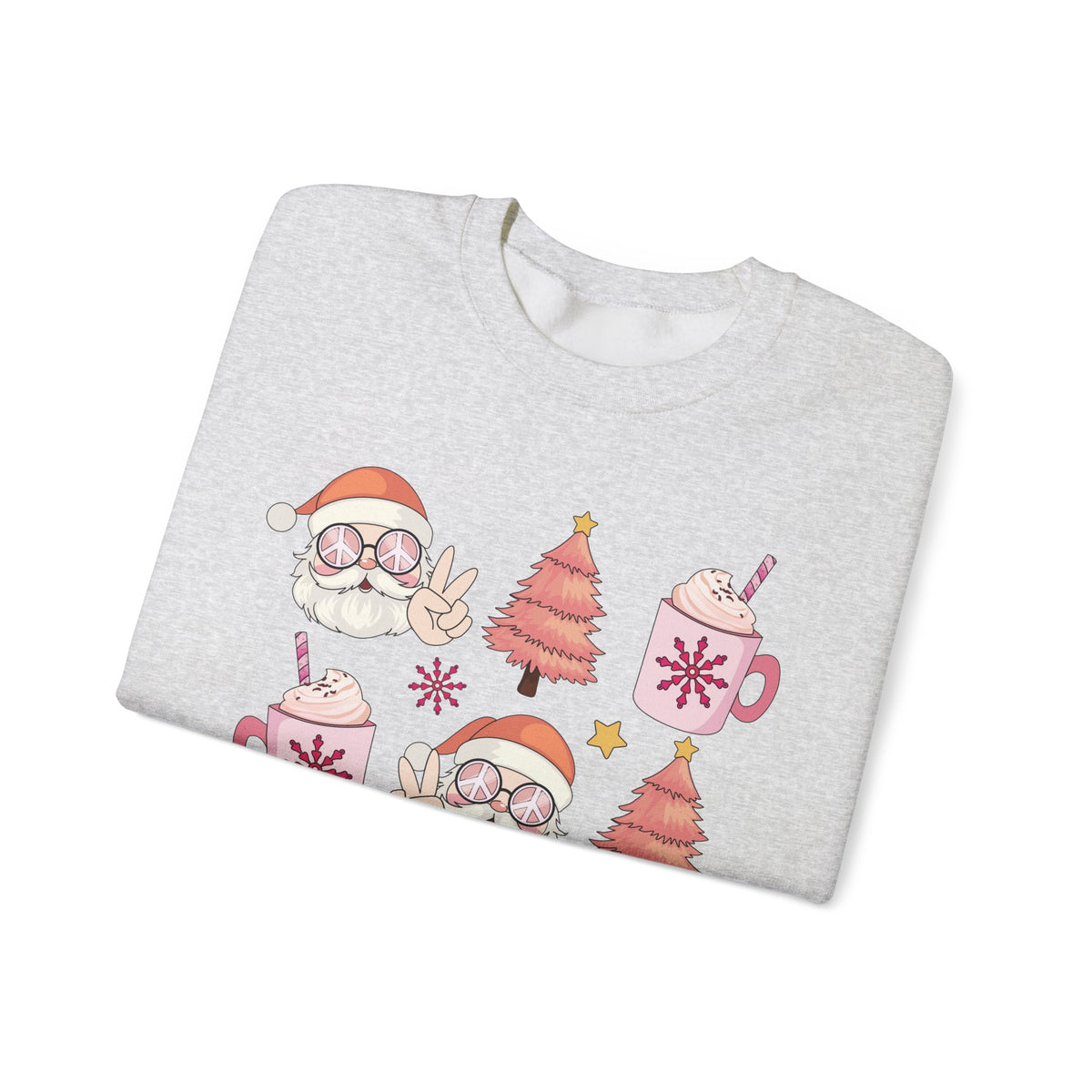 Peaceful Santa Crewneck Sweatshirt - Cute Santa with Peace Signs and Holiday Trees - Merry Vibes