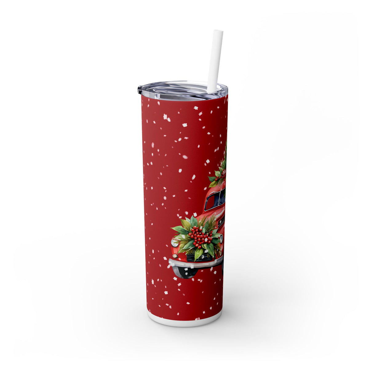 Christmas Tumbler - Vintage Red Truck with Christmas Trees and Snowflakes, Holiday Gift Idea