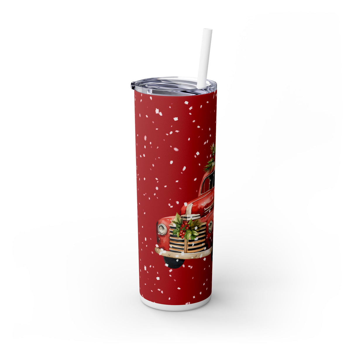 Holiday Tumbler - Christmas Red Truck with Snowflakes and Poinsettias, Winter Holiday Gift