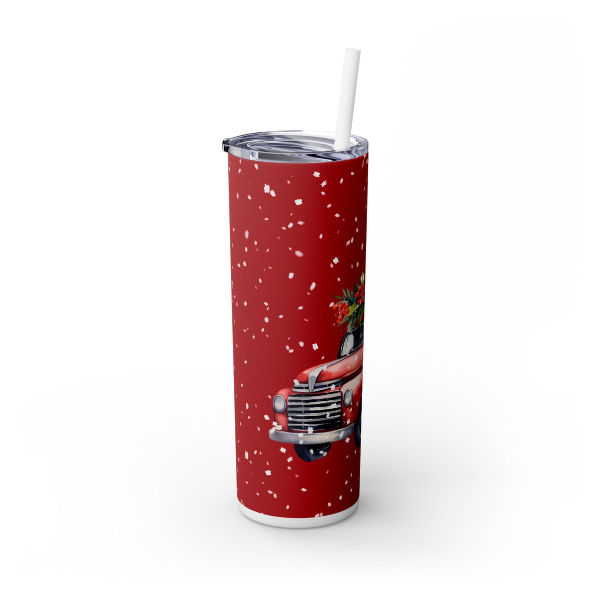 Merry Christmas Tumbler - Red Pickup with Snow and Christmas Trees, Holiday Travel Mug