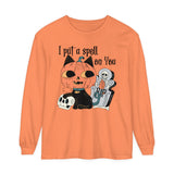 Vintage Pumpkin Cat Halloween Long Sleeve T-Shirt - Spooky Graveyard Kitty Graphic Tee