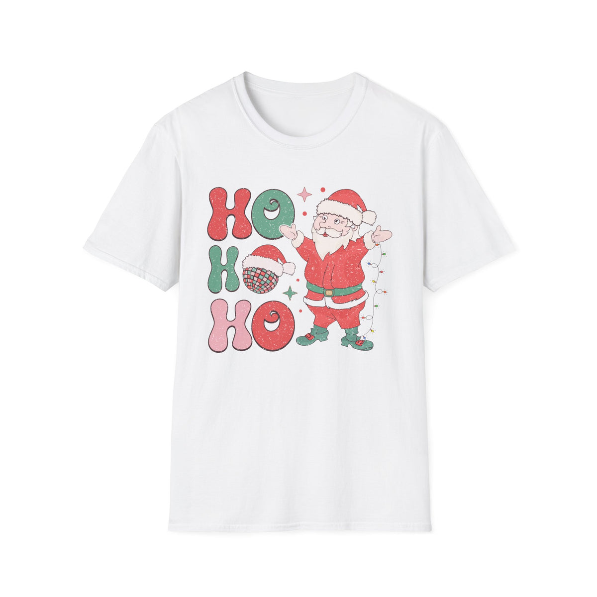 Ho Ho Ho Christmas Graphic Tee - Santa, Disco Ball, and Christmas Spirit