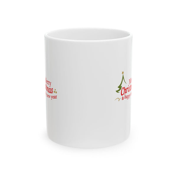 Christmas Greetings Ceramic Mug – 'Merry Christmas & Happy New Year' Holiday Coffee Cup (11oz, 15oz)