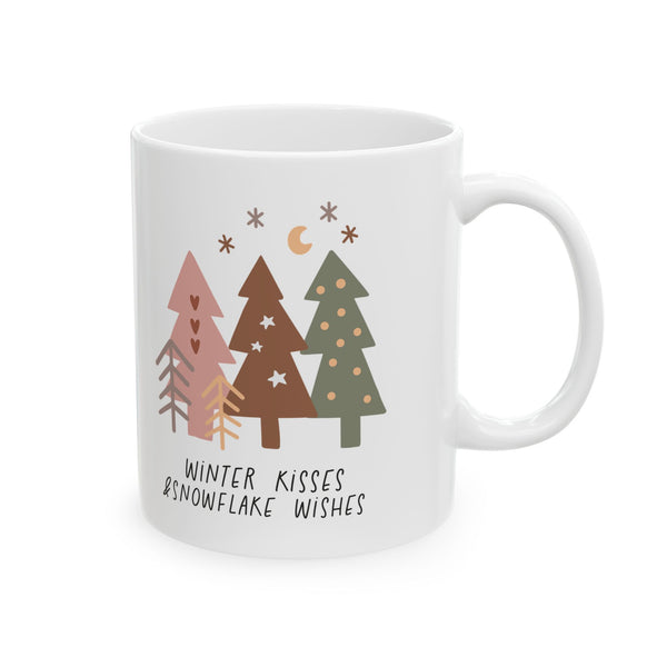 Christmas Tree Ceramic Mug — 'Winter Wishes & Snowy Kisses' Holiday Coffee Cup (11oz/15oz)