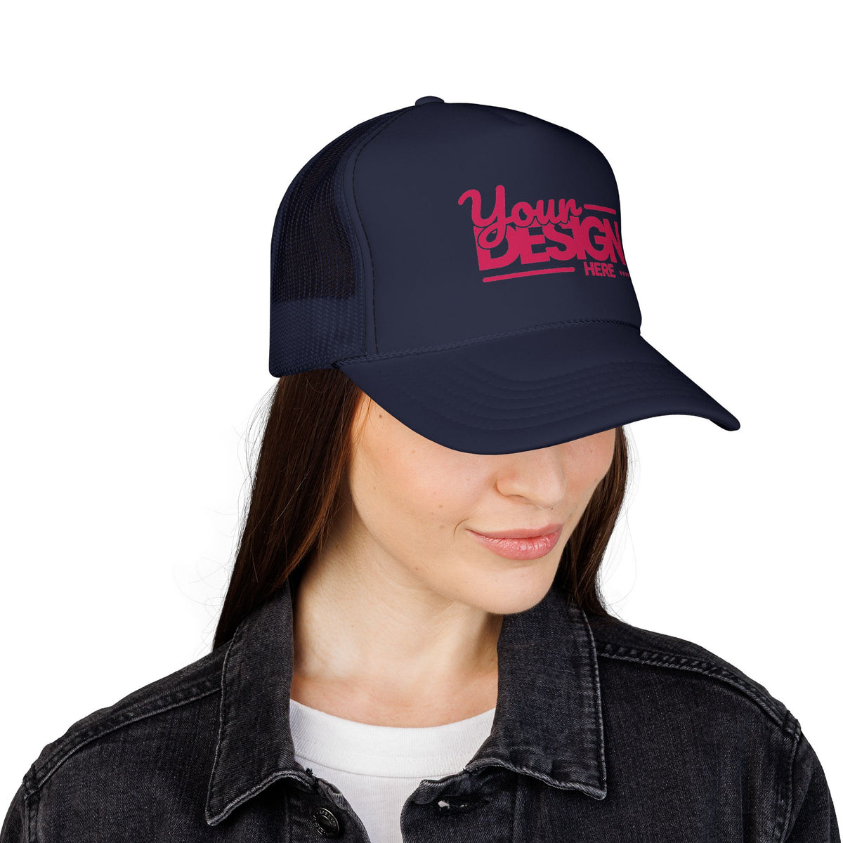 Custom Trucker Hat – Embroidered ‘Your Design Here’ Retro Script Cap, Personalized Mesh Snapback in Multiple Colors for Men & Women