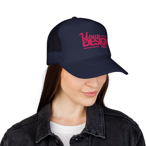 Custom Trucker Hat – Embroidered ‘Your Design Here’ Retro Script Cap, Personalized Mesh Snapback in Multiple Colors for Men & Women