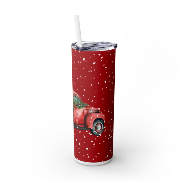 Christmas Holiday Tumbler - Red Pickup Truck with Snow and Poinsettia Design, Perfect Christmas Gift