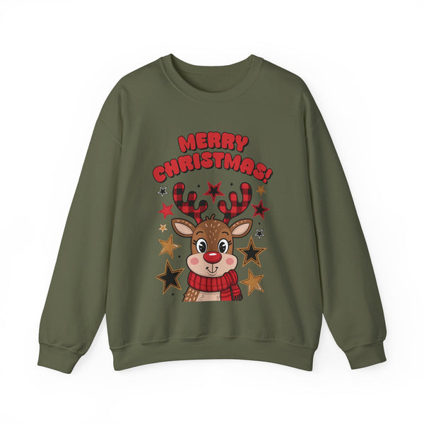 Merry Christmas Reindeer Sweatshirt – Cute Holiday Sweater with Festive Stars – Christmas Graphic Tee for Women – Cozy