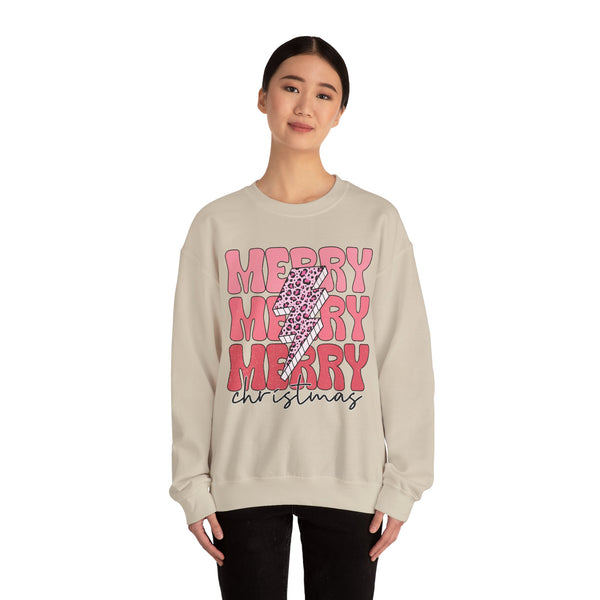 Merry Merry Merry Christmas Crewneck Sweatshirt - Bold Lightning Christmas Sweater - Holiday Cheer