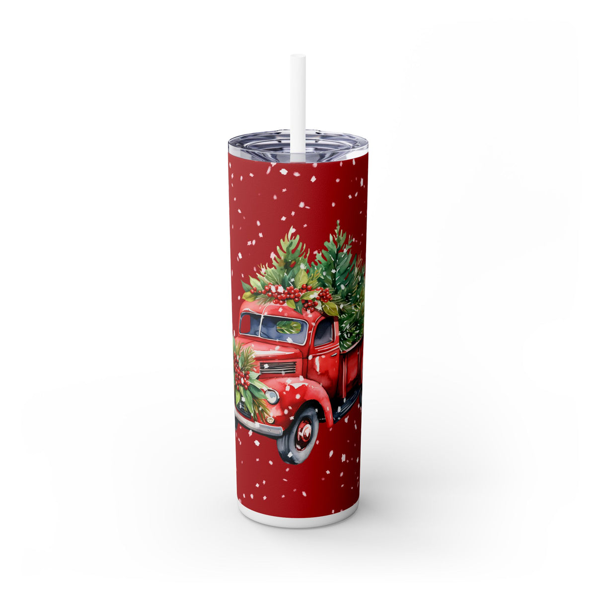 Christmas Tumbler - Vintage Red Truck with Christmas Trees and Snowflakes, Holiday Gift Idea