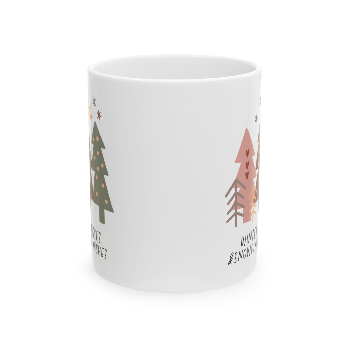 Christmas Tree Ceramic Mug — 'Winter Wishes & Snowy Kisses' Holiday Coffee Cup (11oz/15oz)
