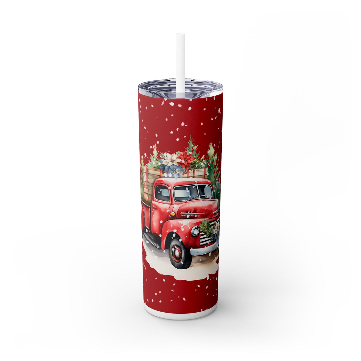 Festive Christmas Tumbler - Red Truck with Christmas Trees and Snow, Holiday Decor for Winter