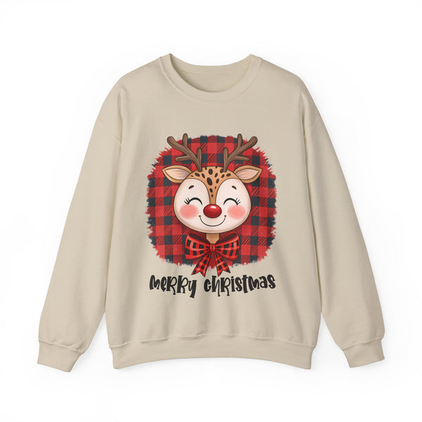 Merry Christmas Reindeer Sweatshirt – Cute Holiday Sweatshirt with Plaid Bow – Funny Christmas Sweater for Women –