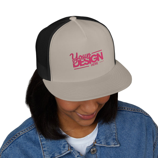 Custom Five-Panel Trucker Hat – Personalized High-Profile Mesh Snapback, Custom Logo Flat Bill Cap for Men & Women