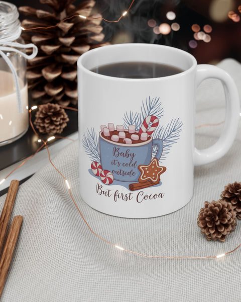 Holiday Hot Cocoa Ceramic Mug — Festive Pine, Candy Cane & Gingerbread Design (11oz, 15oz)