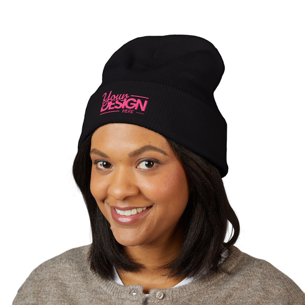 Embroidered Classic Cuffed Beanie – Customizable Pink Logo Winter Hat, Personalized Knit Beanie for Men & Women
