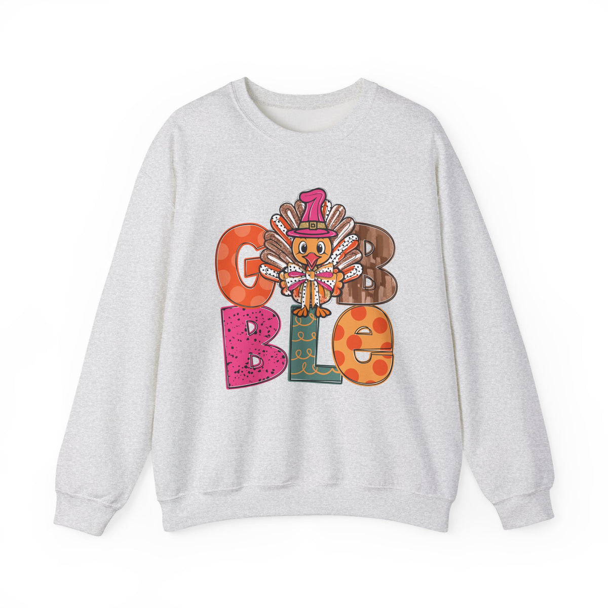 Funny Thanksgiving Sweatshirt – Gobble Turkey Graphic Sweater with Festive Colors and Pilgrim Hat