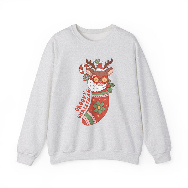 Groovy Christmas Stocking Crewneck Sweatshirt - Cute Reindeer Christmas Sweater - Holiday Cheer