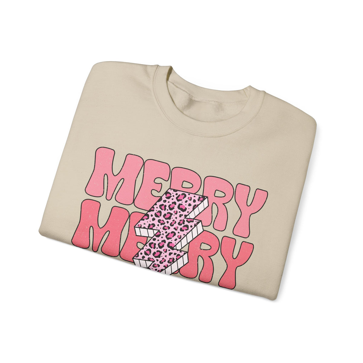 Merry Merry Merry Christmas Crewneck Sweatshirt - Bold Lightning Christmas Sweater - Holiday Cheer