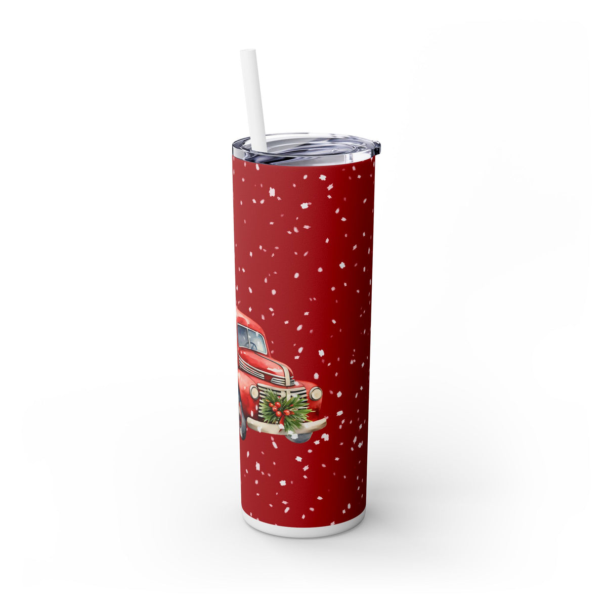 Christmas Tree Tumbler - Red Truck with Snow, Perfect for Winter Holidays and Gift Giving