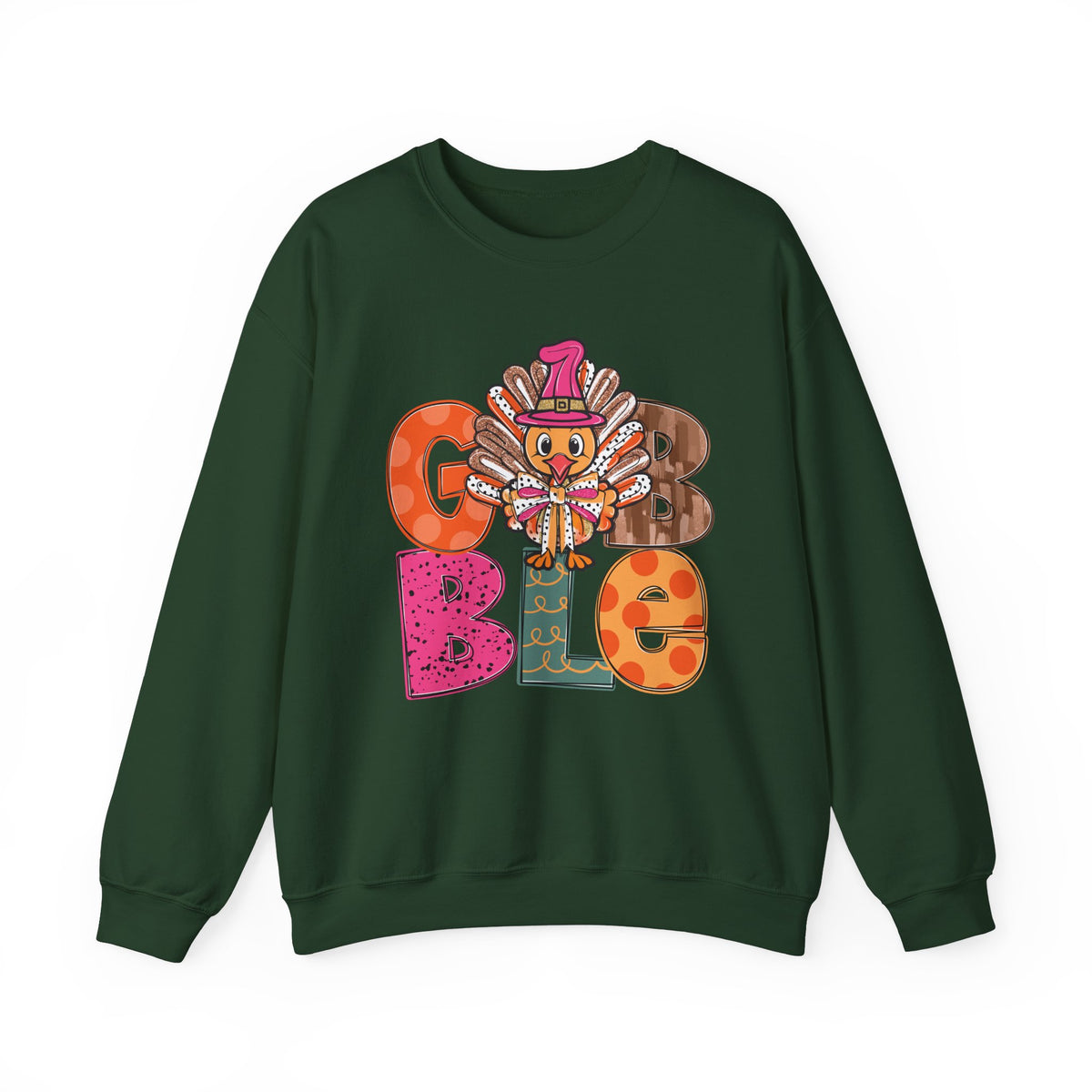 Funny Thanksgiving Sweatshirt – Gobble Turkey Graphic Sweater with Festive Colors and Pilgrim Hat