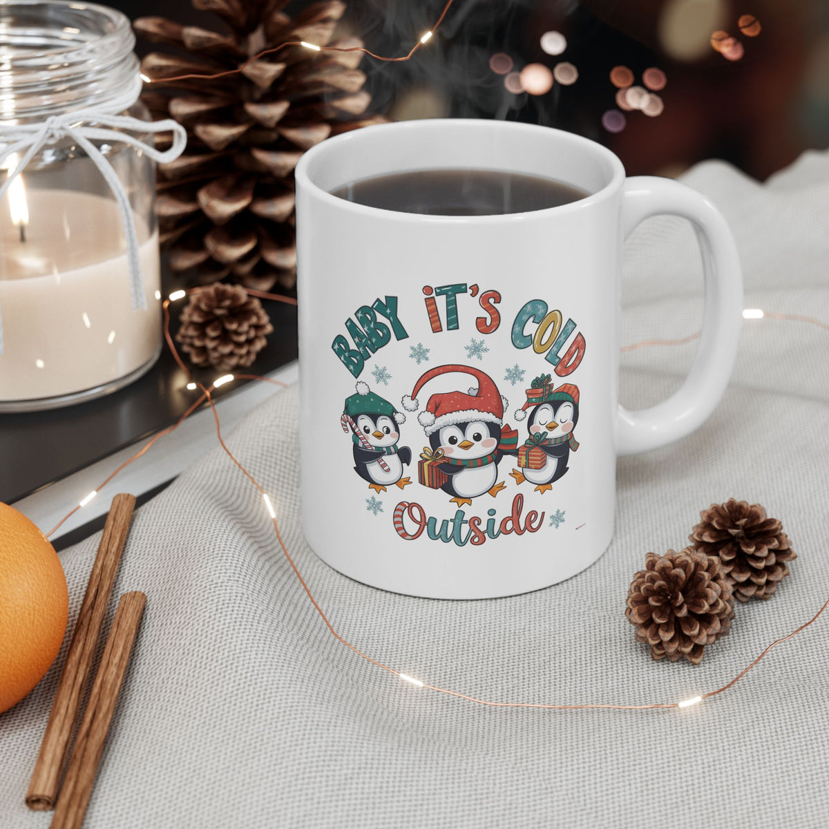 Penguin Holiday Mug - 'Baby It's Cold Outside' Cute Winter Coffee Cup (11oz, 15oz)
