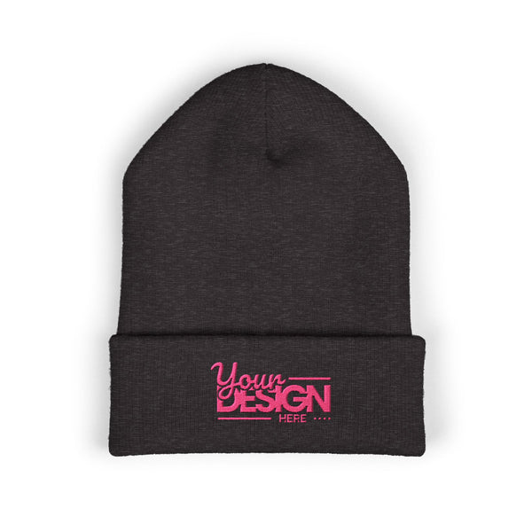 Embroidered Classic Cuffed Beanie – Customizable Pink Logo Winter Hat, Personalized Knit Beanie for Men & Women