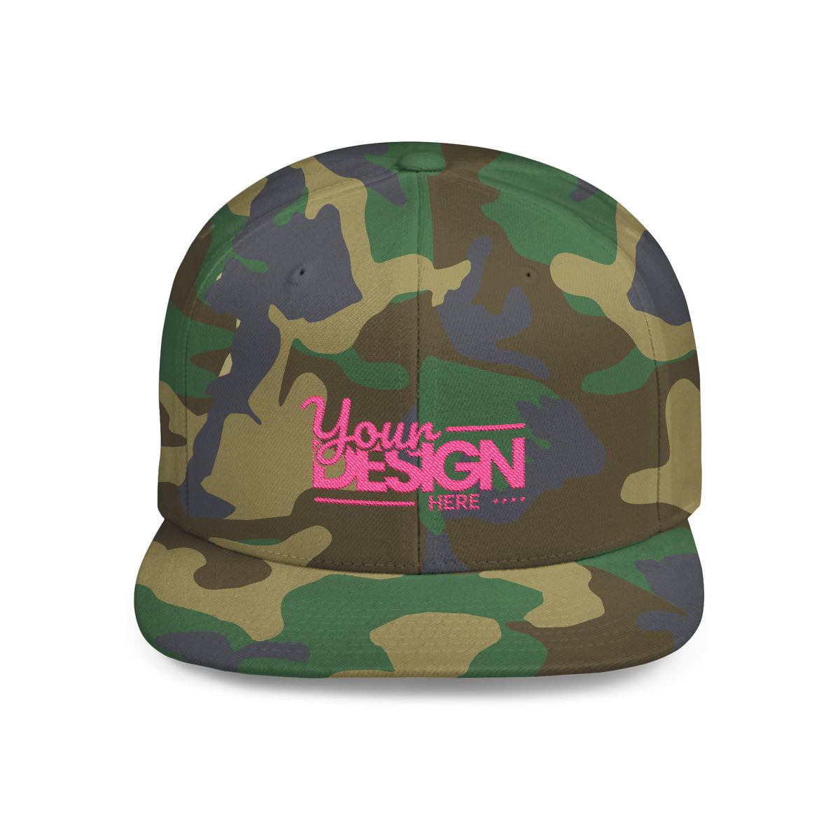 Snapback Hat – White Flat Bill Cap with Pink ‘Your Design Here’ Embroidery, Custom Logo Hat for Men & Women