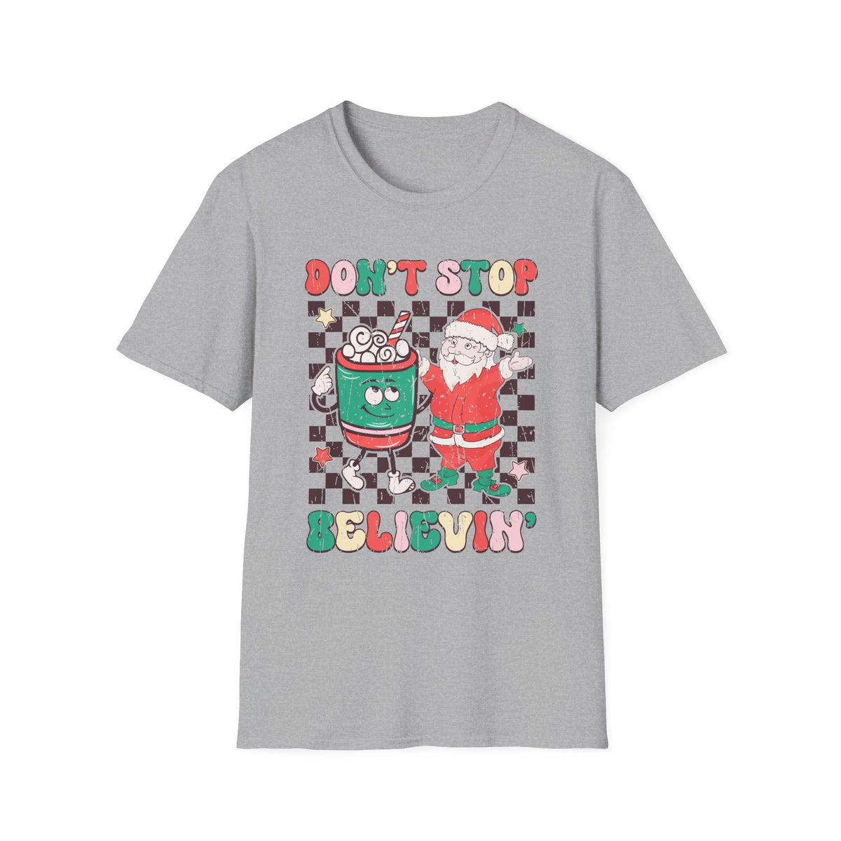 Don’t Stop Believin’ Christmas T-Shirt – Santa and Coffee Holiday Cheer Tee