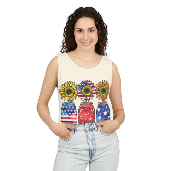 4th July Sunflower American Flag Unisex Garment-Dyed Tank Top