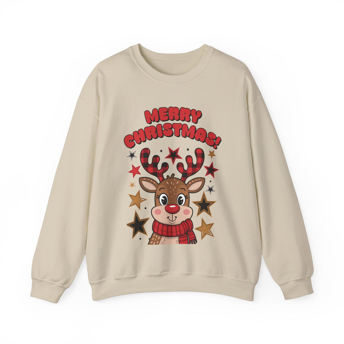 Merry Christmas Reindeer Sweatshirt – Cute Holiday Sweater with Festive Stars – Christmas Graphic Tee for Women – Cozy