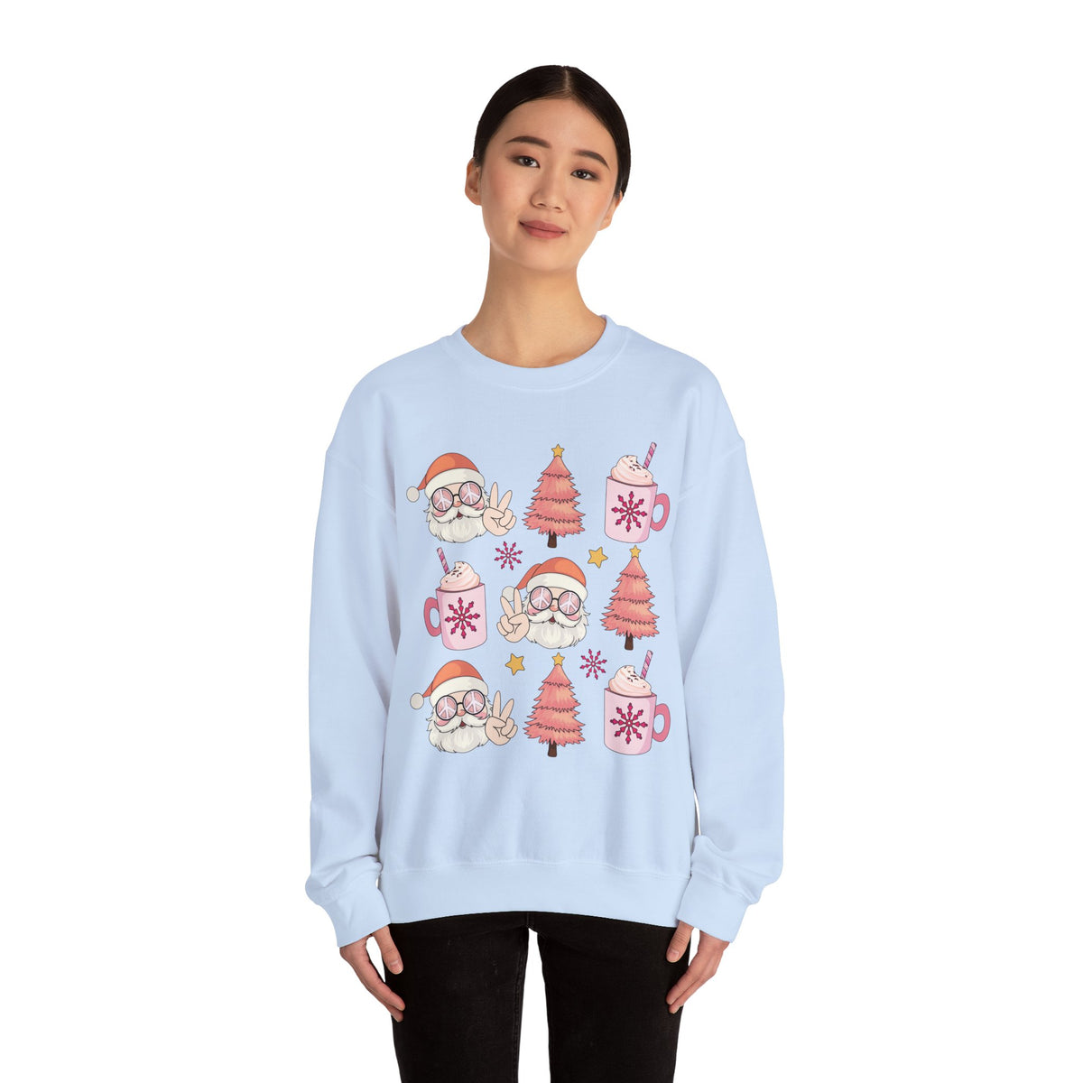 Peaceful Santa Crewneck Sweatshirt - Cute Santa with Peace Signs and Holiday Trees - Merry Vibes