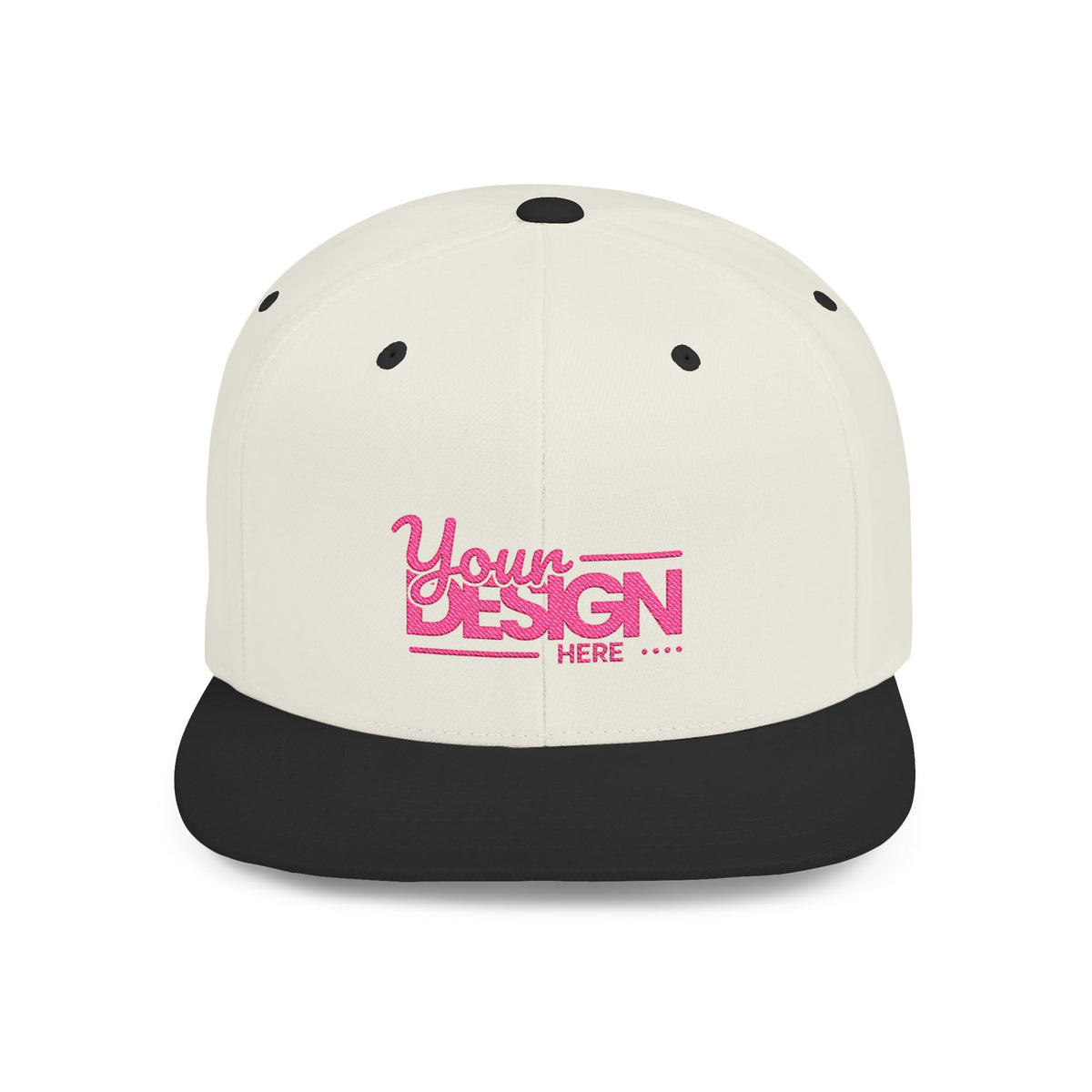 Snapback Hat – White Flat Bill Cap with Pink ‘Your Design Here’ Embroidery, Custom Logo Hat for Men & Women