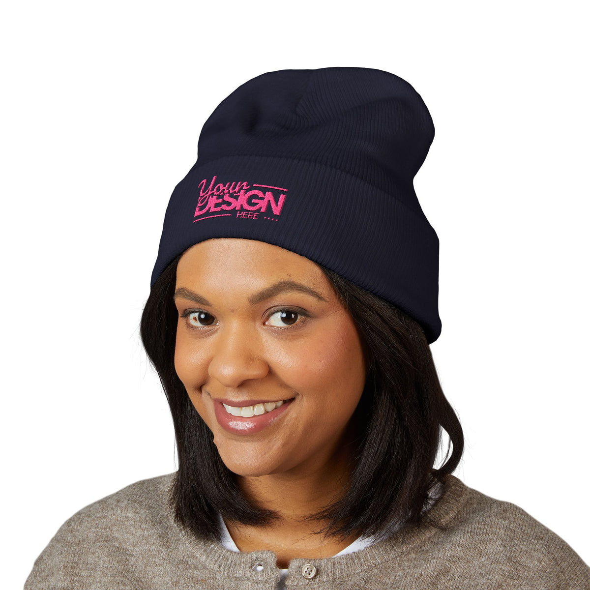 Embroidered Classic Cuffed Beanie – Customizable Pink Logo Winter Hat, Personalized Knit Beanie for Men & Women