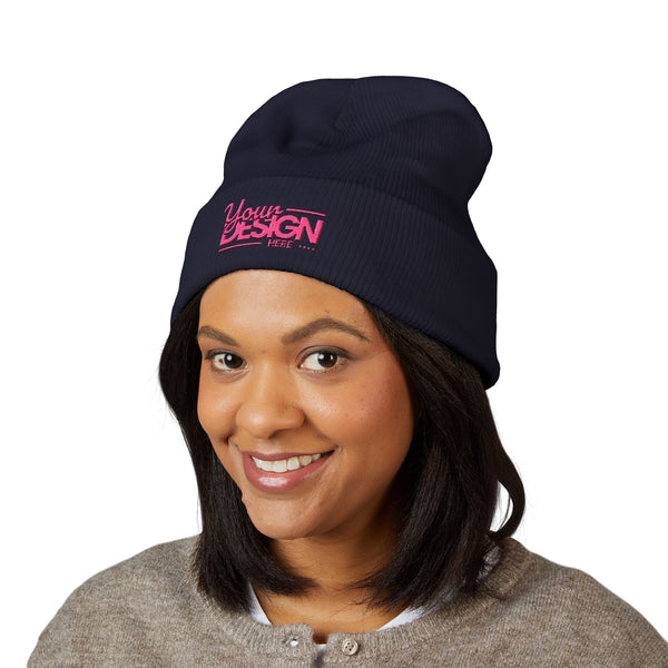 Embroidered Classic Cuffed Beanie – Customizable Pink Logo Winter Hat, Personalized Knit Beanie for Men & Women