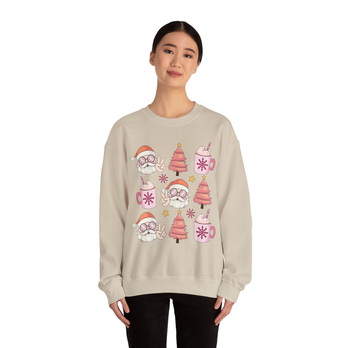 Peaceful Santa Crewneck Sweatshirt - Cute Santa with Peace Signs and Holiday Trees - Merry Vibes