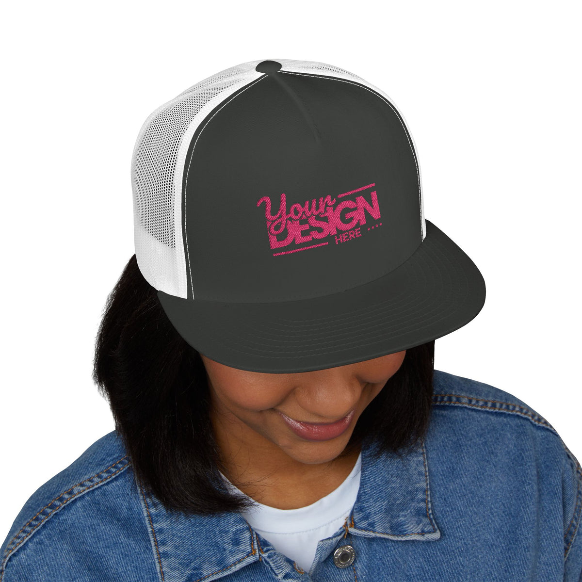 Custom Five-Panel Trucker Hat – Personalized High-Profile Mesh Snapback, Custom Logo Flat Bill Cap for Men & Women