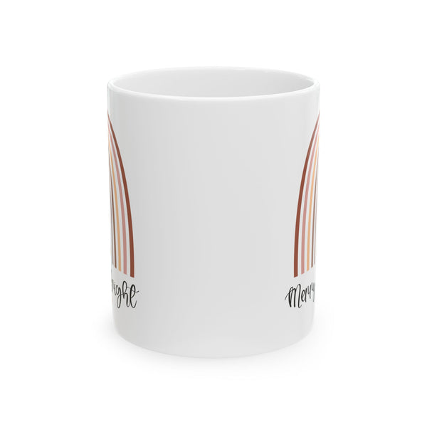 Mug – Minimal Neutral Rainbow "Merry & Bright" Ceramic Coffee Cup (11oz/15oz)