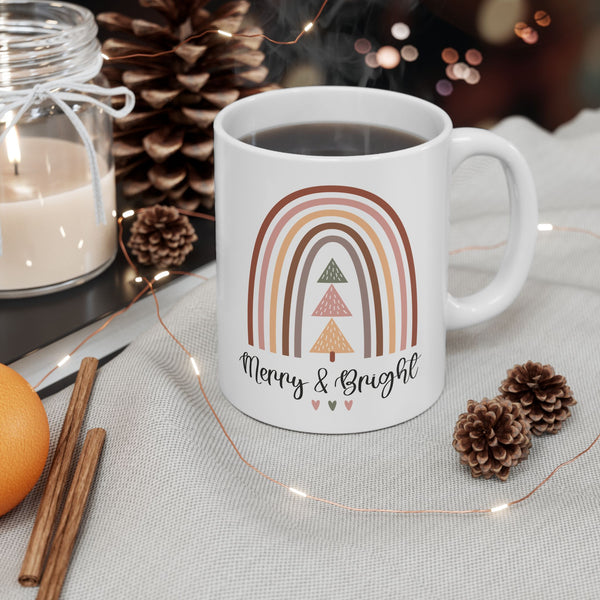 Mug – Minimal Neutral Rainbow "Merry & Bright" Ceramic Coffee Cup (11oz/15oz)