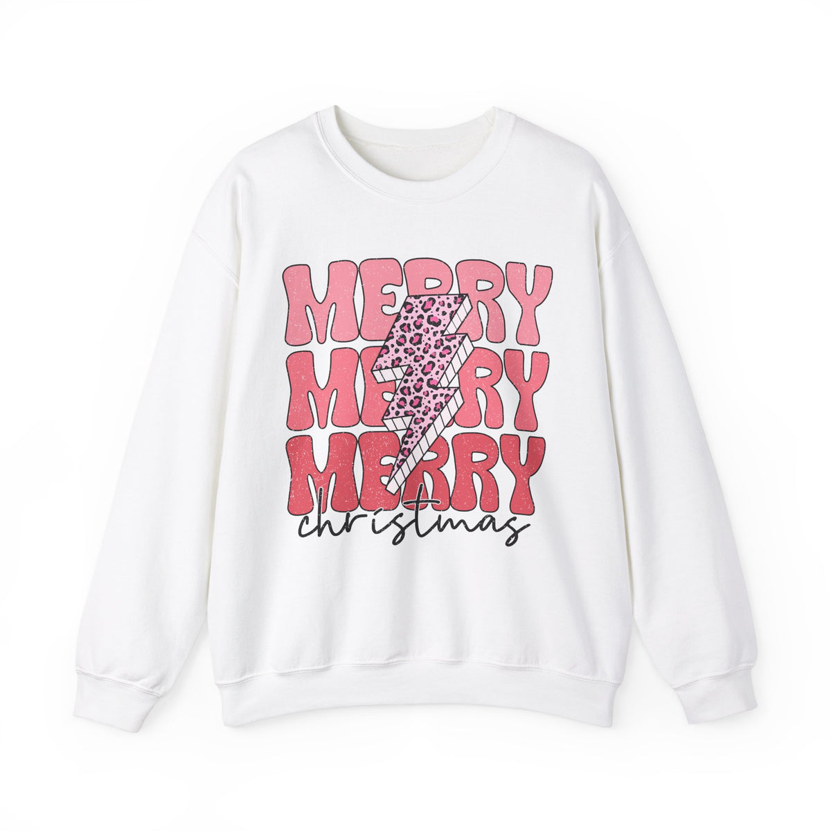 Merry Merry Merry Christmas Crewneck Sweatshirt - Bold Lightning Christmas Sweater - Holiday Cheer