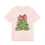 Colorful Christmas Tree with Pink Bow - Festive Holiday Decor Featuring Bright Ornaments and Lights